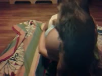 Tattooed girl adores fucking with her brother&#039;s pet in the living room